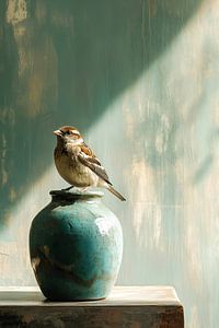 Spatz auf türkisfarbener Vase