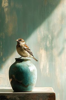 Spatz auf türkisfarbener Vase