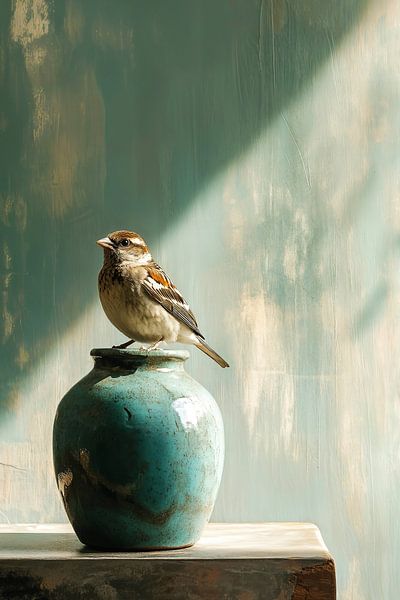Sparrow on Turquoise Vase by Color Square