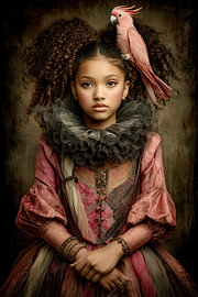 Meisje met Kaketoe - Elegant Portret in Roze van Peter Pen tekeningen en schilderijen