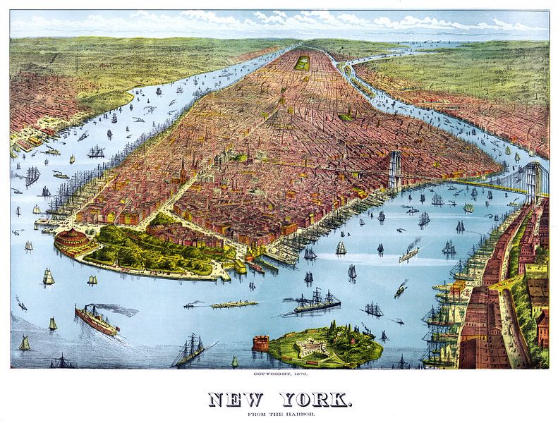 New York von 1879, Altes Plakat mit einem Bild der Stadt und der Insel in Amerika von Atelier Liesjes