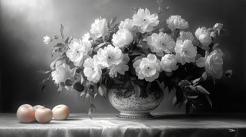 zwart wit stilleven van bloemen en fruit in een extreem dramatisch licht