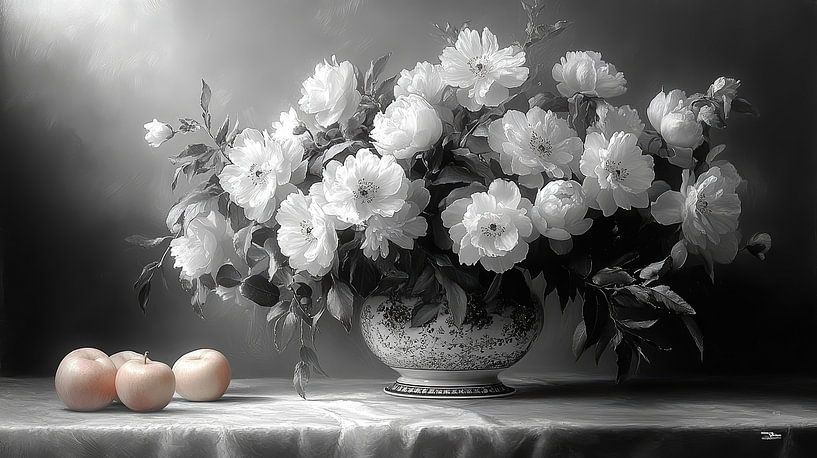 Black and white still life of flowers and fruit in extremely dramatic light by Gelissen Artworks