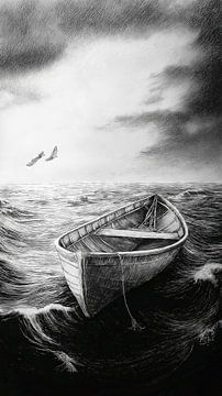 Lege boot op een stormachtige zee onder sombere wolken van Frank Heinz