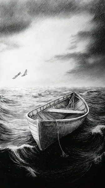 Empty boat on a stormy sea under gloomy clouds by Frank Heinz