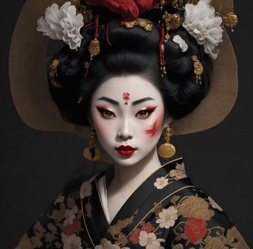 Traditionele Geisha in pastelkleuren en donkere achtergrond. van Brian Morgan