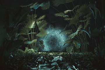 Tropische achtergrond met lichtvlek en oerwoudplanten van Besa Art