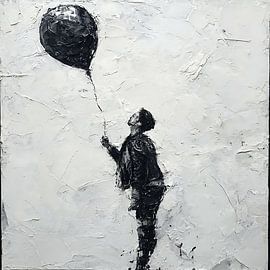 Emotional Surreal Painting of Human Lifted Painfully by Floating Balloon in Dreamlike Abstract Art by Aden Pink Studio