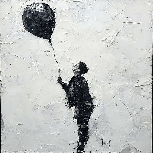 Peinture surréaliste et émouvante représentant un être humain soulevé péniblement par un ballon flottant, dans un style d'art abstrait onirique