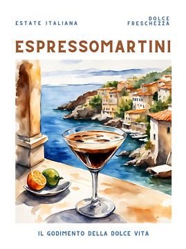 Poster Espresso Martini voor de achtergrond van een eiland, aquarel van Kim Karol / Ohkimiko