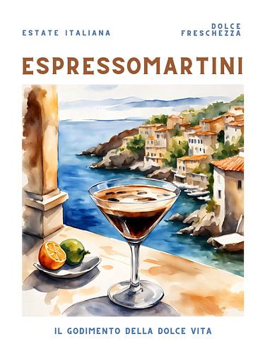 Plakat Espresso Martini vor Inselkulisse, Aquarell von Kim Karol / Ohkimiko
