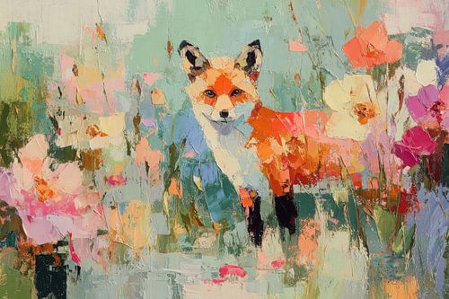 Vos in een kleurrijke bloementuin