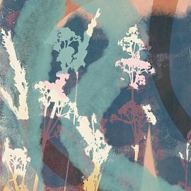 Organic Abstractions. Modern abstract botanical art. Flowers on blue by Dina Dankers