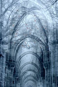 Birds flying high (fantasy image of a building with flying birds in mysterious atmosphere
