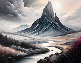 Zwart-witfoto met landschap