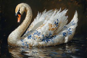 Ein weißgoldener delfterblauer Schwan.
