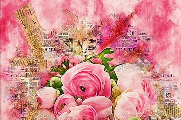 Roze pioenrozen (mixed media) van Art by Jeronimo