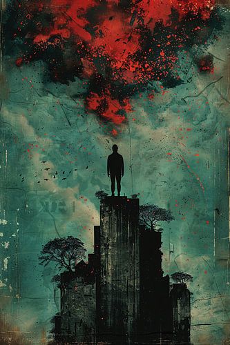 Eenzame Mens in Vervallen Stad met Rode Lucht