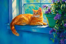 Sonnige Katze am Fensterbaldachin von Poster Art Shop