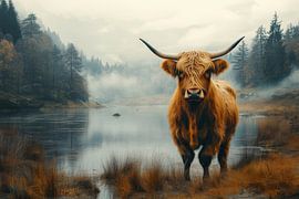 Un Highlander mystique au bord d'un lac brumeux