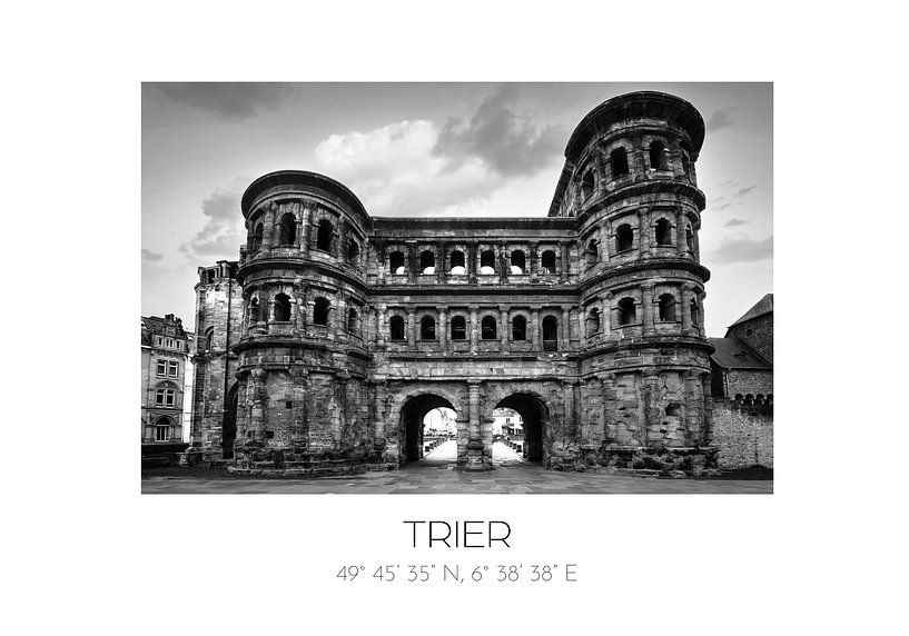 Graphic poster of the Porta Nigra with coordinates | Trier | Germany | Black-and-white photography by Laura Dijkslag