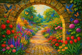 Colourful garden with arched path by Art & Soul Creations