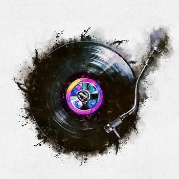 Draaiende vinylplaat in aquarel
