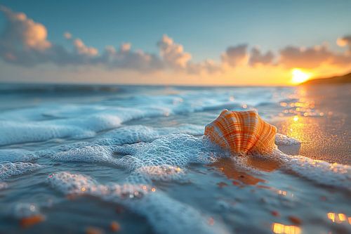 Schelpen op het strand in het avondlicht