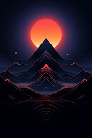 Die purpurrote Sonne jenseits der geometrischen Gipfel von Minimal Blue