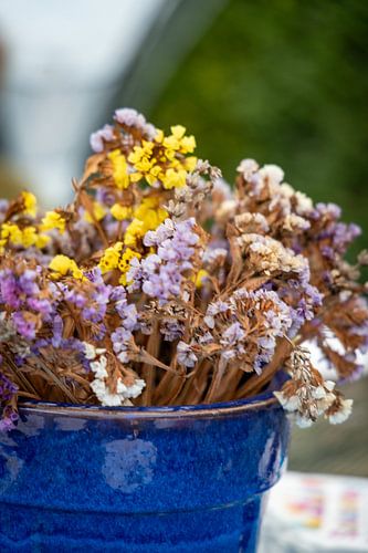 Kleurrijk boeket van gedroogde bloemen in een blauwe pot