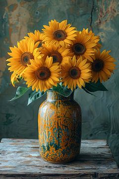 Tournesols rayonnants dans un vase rustique sur une table en bois sur Felix Brönnimann