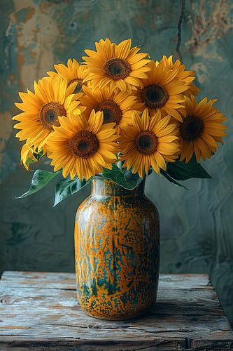 Stralende zonnebloemen in een rustieke vaas op een houten tafel