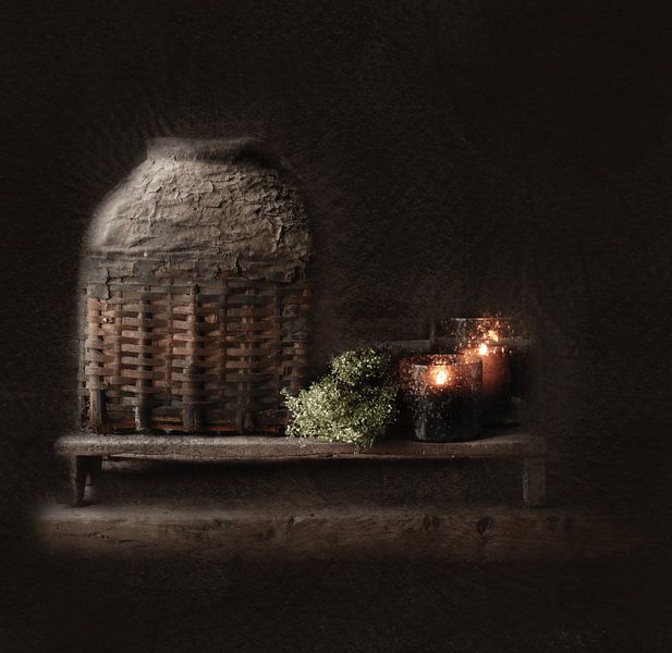 Nature morte d'intérieur de campagne Panier en argile antique Inde par Anneke Herbers Muurdecoratie