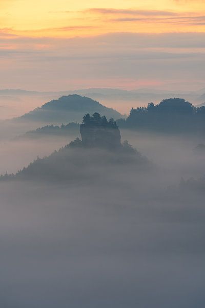 Rochers de la Suisse saxonne recouverts de brouillard au lever du soleil par Oliver Preuss