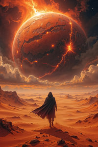 Fantasy Sci-Fi Art Wandbild: VAELORIS - Ein Wanderer durchquert die Wüste eines fremden Planeten