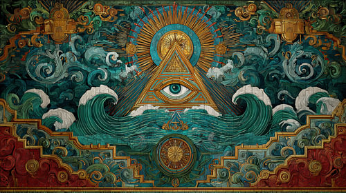 Alziend oog in piramide tussen water en licht artistiek