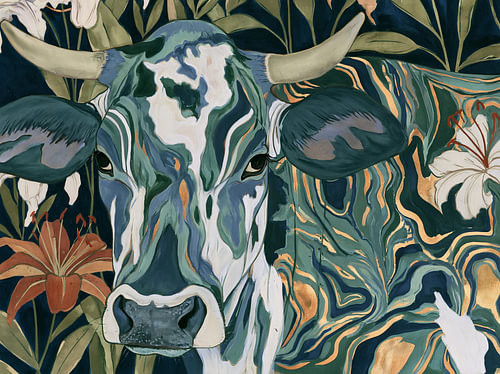 Vache ornée de fleurs tropicales et d'or