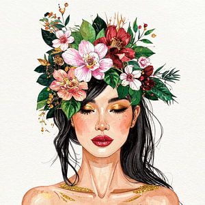Romantisches Porträt einer Frau mit Blumen und goldenem Schimmer