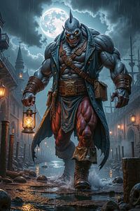 Dark Fantasy Wandbild: VARGONIX – Der Pirat mit seiner Laterne am Hafen