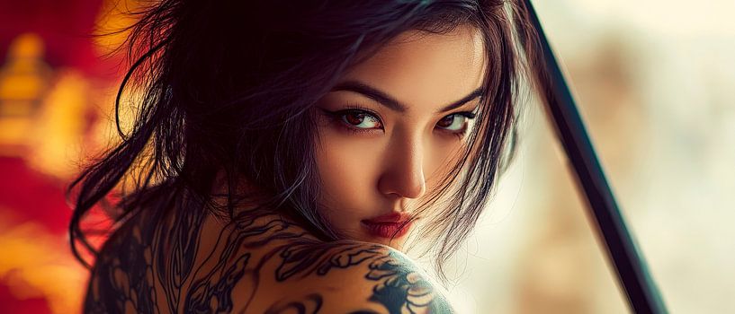 Woman with tattoos and sword - Portrait by Poster Art Shop