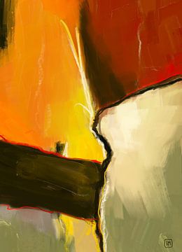 Abstract schilderij met oranje rood en groen van Hella Maas