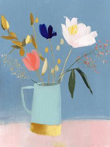 Verspieltes und farbenfrohes Stillleben mit Blumen