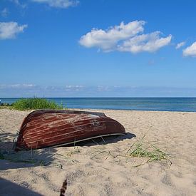 Rowing boat on the beach by tiny brok