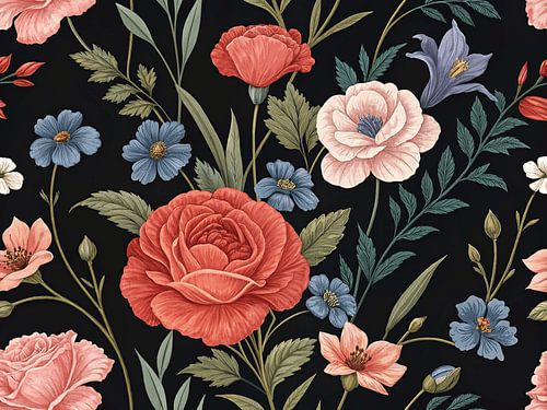 Betoverend wandkleed met bloemen op zwart