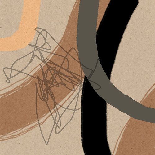 Abstracte cirkels in pastelgeel, bruin, grijs en zwart op beige