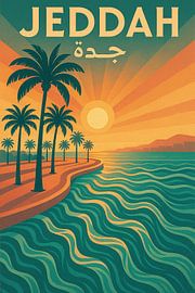 Jeddah Coastal Vintage Poster - Rotes Meer Sonnenuntergang & Palmen Kunst von Travel Shop