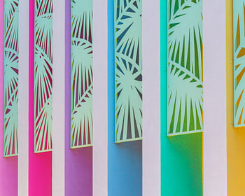 Regenboogkleurige muur bij The Saguaro