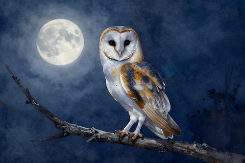 Een kerkuil in het licht van de volle maan