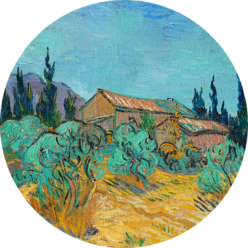 Houten huisjes tussen de olijfbomen en cypressen, Vincent van Gogh