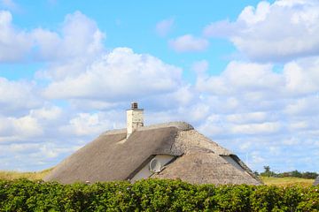 Thatched roof in front of blue sky with white clouds by Ines Porada